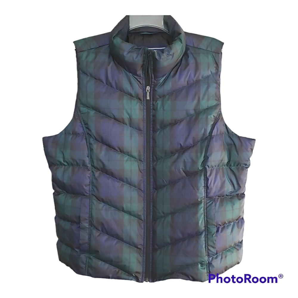 Lands' End Down Puffer Vest Tartan Plaid Blue Green Full Zip Size XL 18